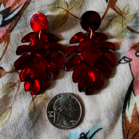 SALE - Fiery RED Marbled Acrylic Palm Monstera Leaf Pierced Earrings NOC Leaves - Picture 2 of 6